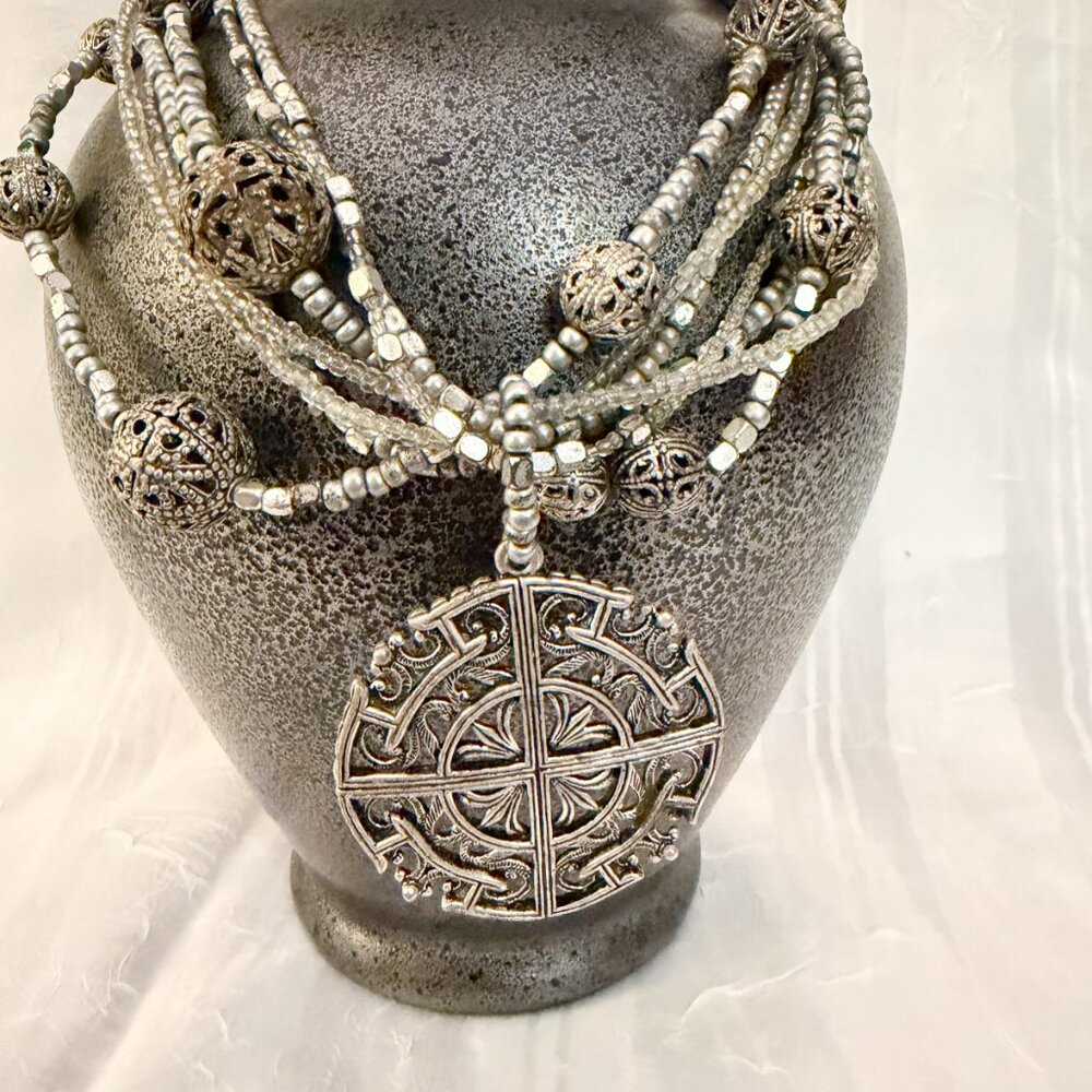 Vintage Inspired Silver Filigree Statement Necklace Multi-Strand Boho Medallion - Picture 4 of 8